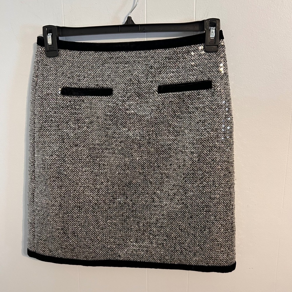 Talbots Womens 2 Herringbone Sequin Mini Skirt Velvet Trim Grey Black 57435046
